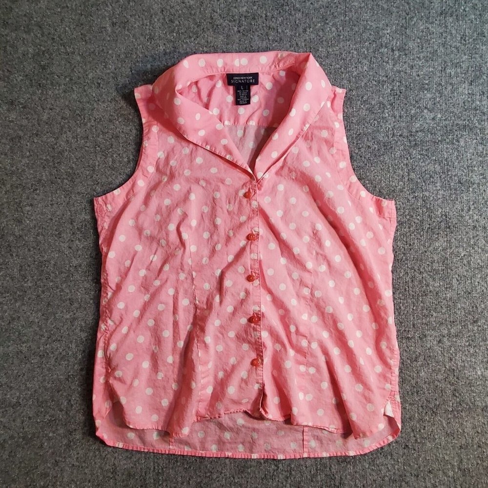 Jones New York Size L Ballet Pink Womens Button down Sleeveless Top Shirt Polka